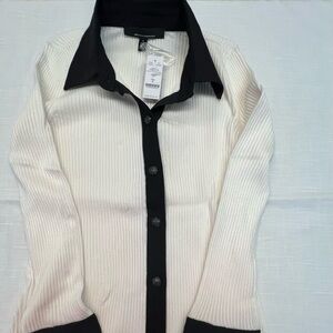NWT White House Black Market Black/Cream Ribbed Cardigan with Satin Cuff